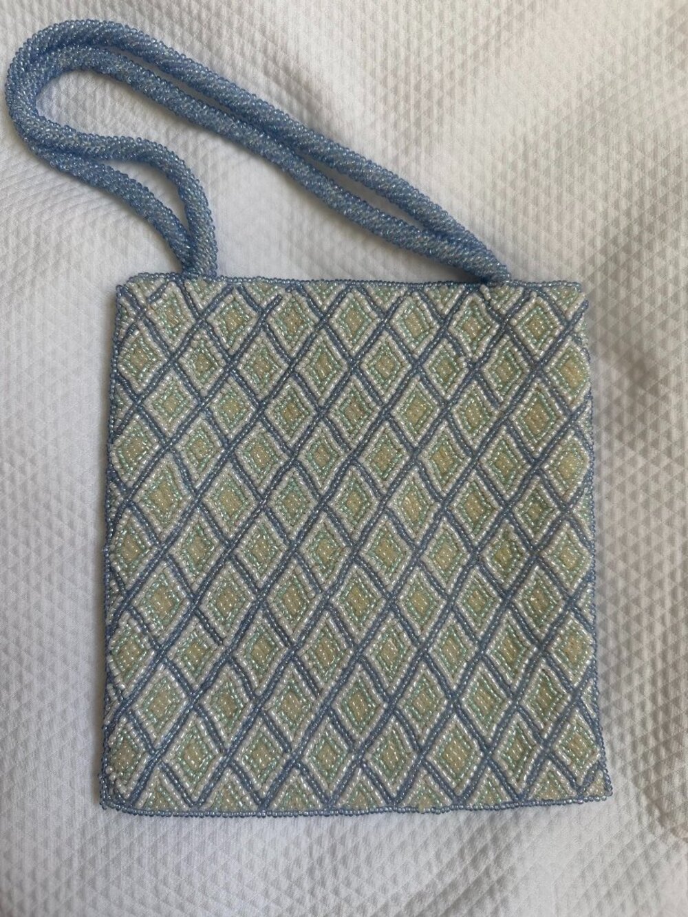 Vintage Valerie Stevens Blue & White Beaded Diamond Pattern Bag / Clutch